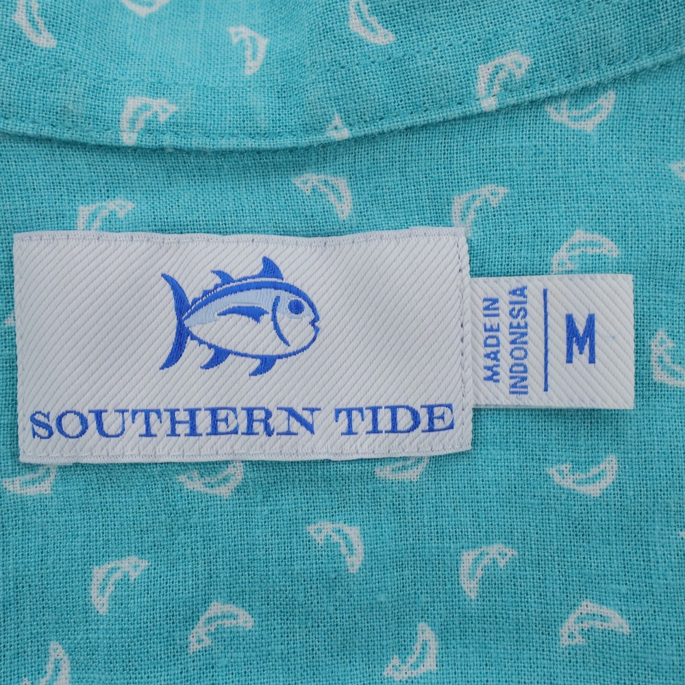 Southern Tide Linen Blend Short Sleeve Button Down Fish Paisley Teal Mens Medium - Picture 5 of 9